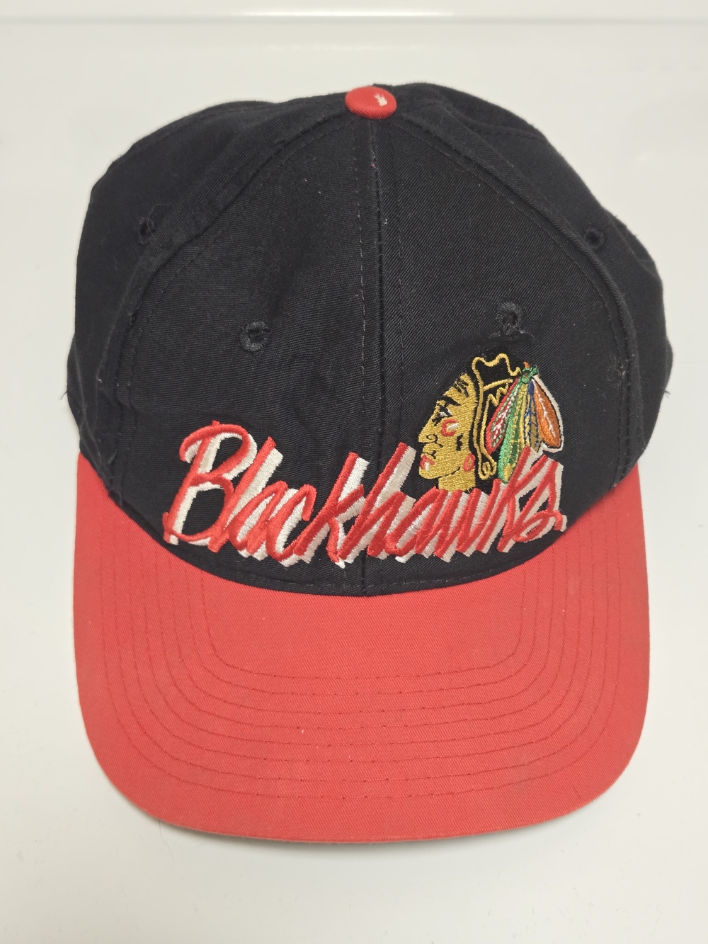 Vtg 90s Chicago Blackhawks Big Script Snapback Hat The Game Green Underbrim